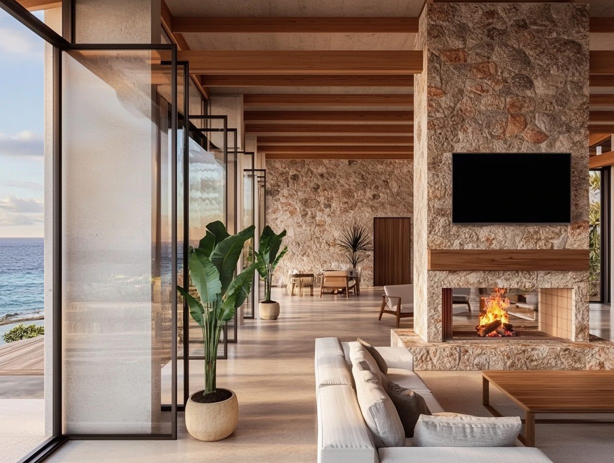Design study of a living room with a stone fireplace and sea view
