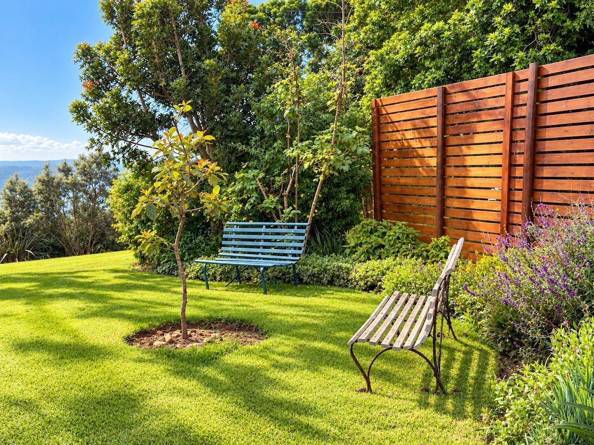 Garden benches under the trees