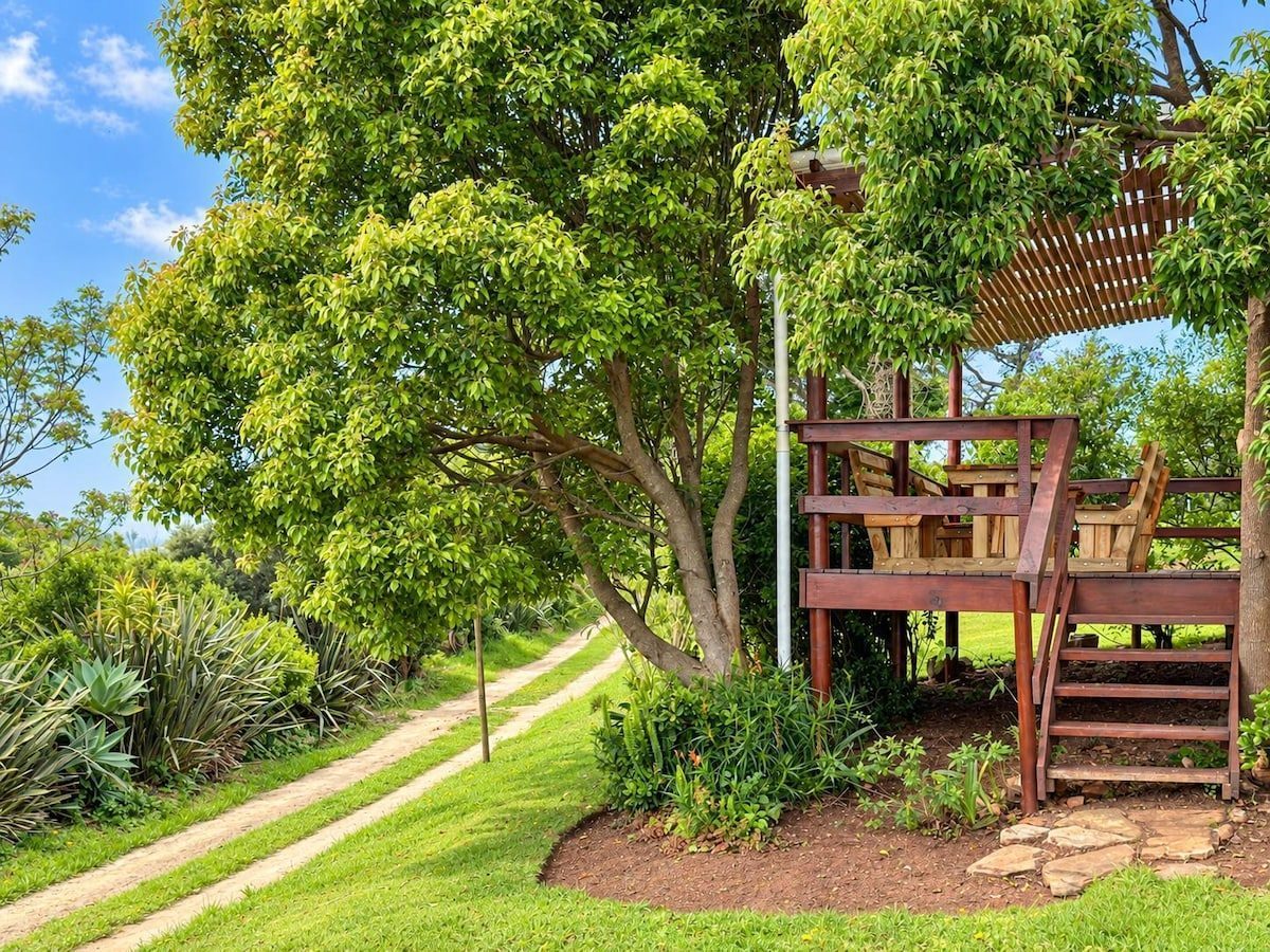 Wooden deck among the trees in the garden